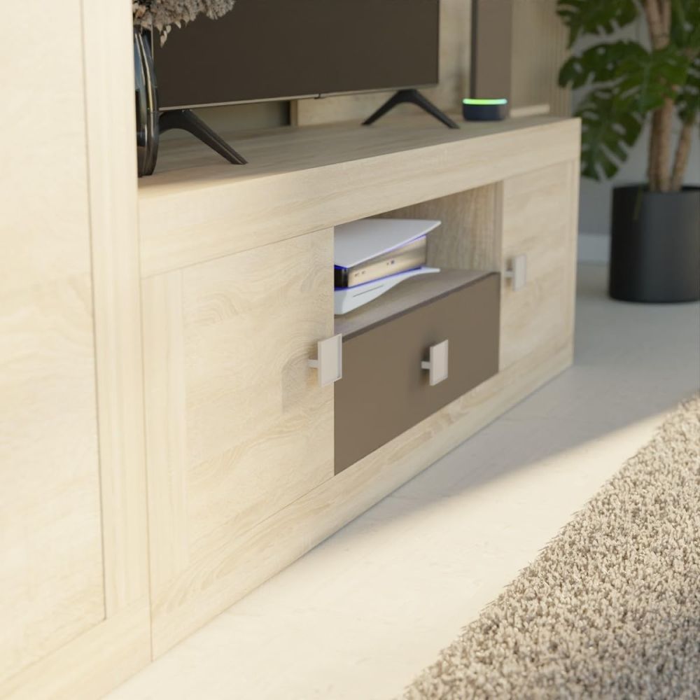 Mueble de Salón Moderno con Leds, Acabado en Cambria y Choco, Medidas: 300 cm (An) x 200 cm (Al) 40 cm (Fon) - Meyvaser