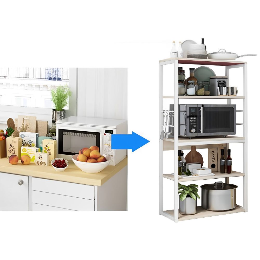 Estantería de Cocina Alta con Marco de Metal Blanco, Estante para microondas 50x30x130 Cm Color Natural y Blanco
