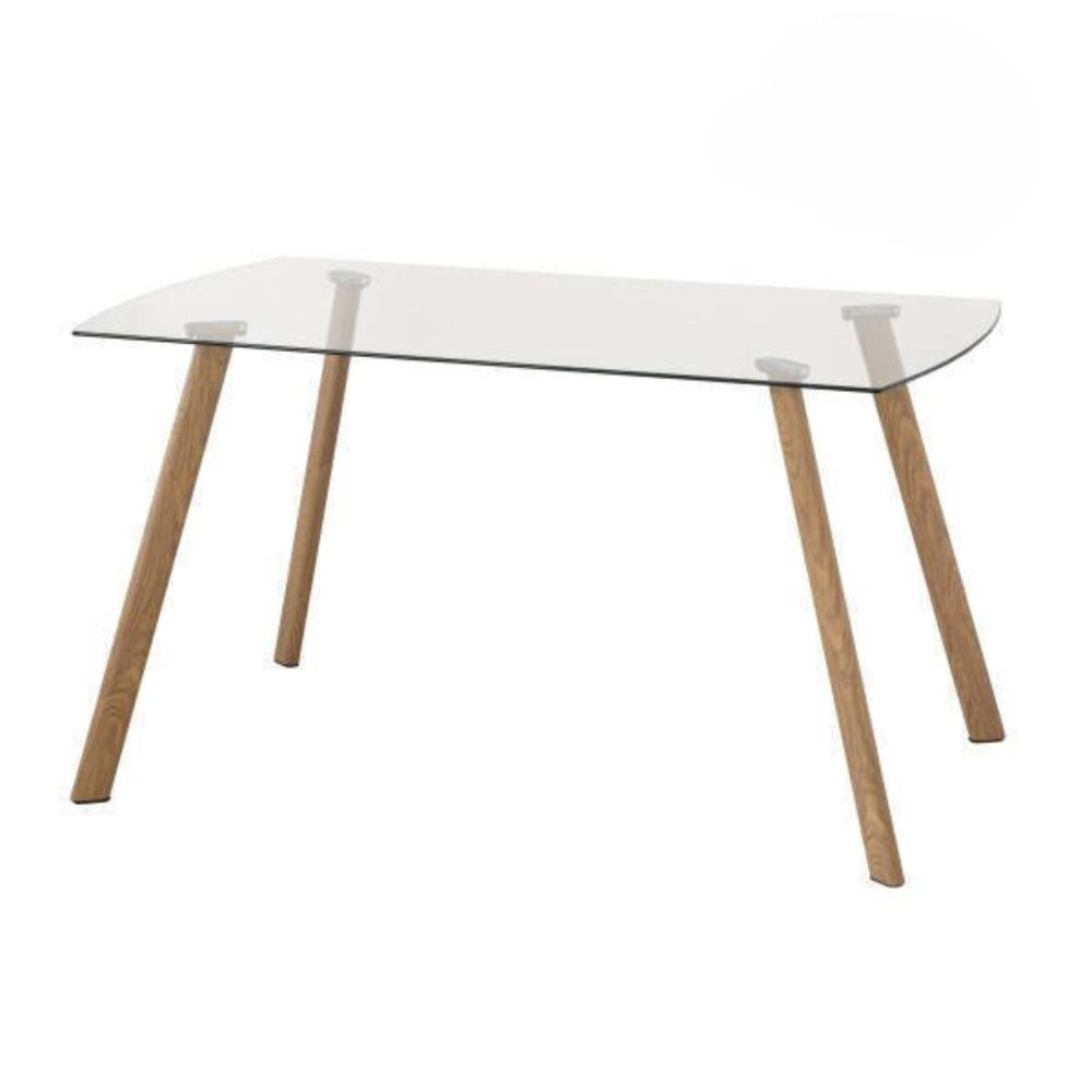 Mesa de Comedor Nórdica | Diseño con Tapa de Cristal Transparente y Patas de Metal Color Roble | Dimensiones: 140 x 80 x 76 cm