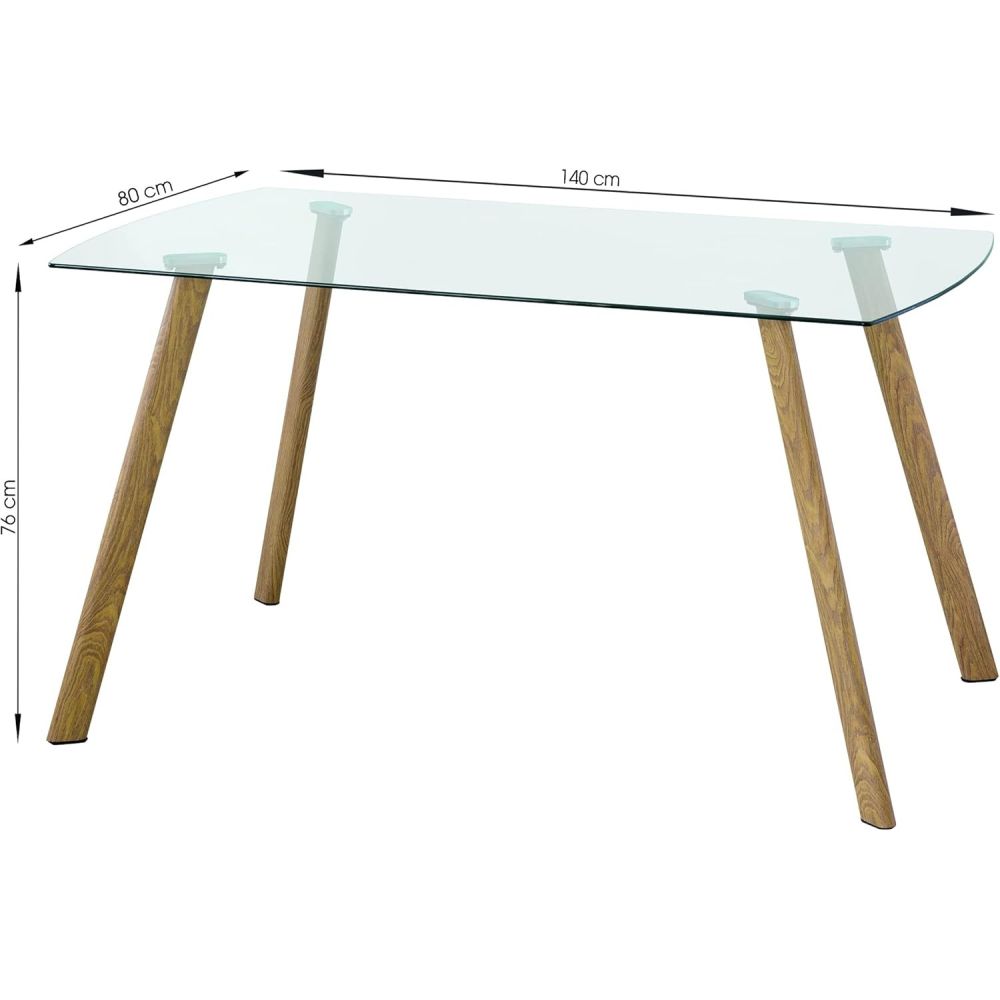 Mesa de Comedor Nórdica | Diseño con Tapa de Cristal Transparente y Patas de Metal Color Roble | Dimensiones: 140 x 80 x 76 cm