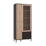 Vitrina Alta en Roble Artisan y Negro con Puerta Estrecha, Puerta Acristalada y 2 Cajones - Medidas 86,5x40x195 cm