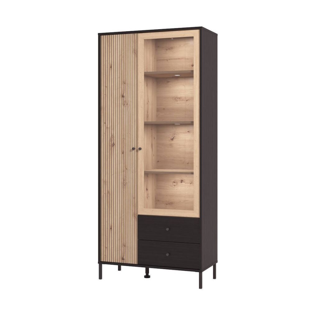 Vitrina Alta en Roble Artisan y Negro con Puerta Estrecha, Puerta Acristalada y 2 Cajones - Medidas 86,5x40x195 cm