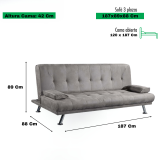 Sofá Cama 3 Plazas de Diseño Moderno con Cojines Decorativos, Estructura de Madera, Color Gris Cemento, 188x88x88 cm