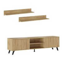 Mueble de TV + 2 Estantes, 2 Compartimentos y 2 Puertas,Mauvella - Rayas, 49cm(Alto)x 180cm (Ancho) x 40cm (Fondo)