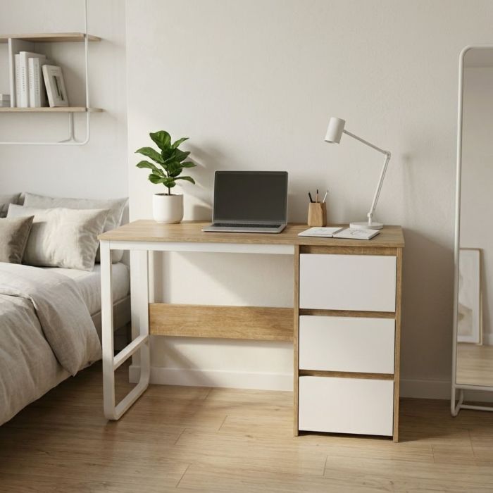 Escritorio Oficina 120 cm con 3 Cajones, Mesa de Ordenador Moderna, Tablero, sonoma/blanco
